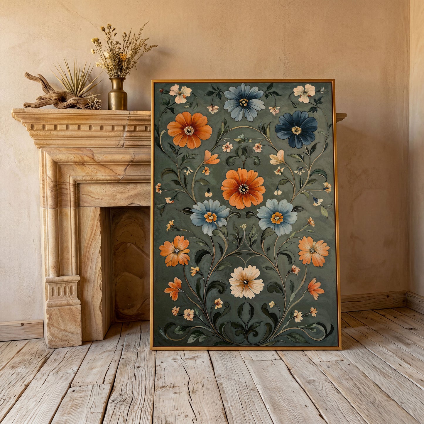 William Morris Wildflowers Canvas Print in Teal & Burnt Orange in antique gold floating frame