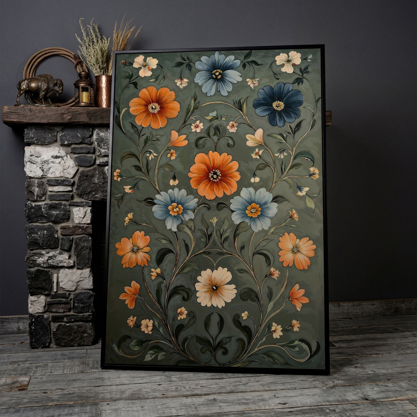William Morris Wildflowers Canvas Print in Teal & Burnt Orange in black floating frame