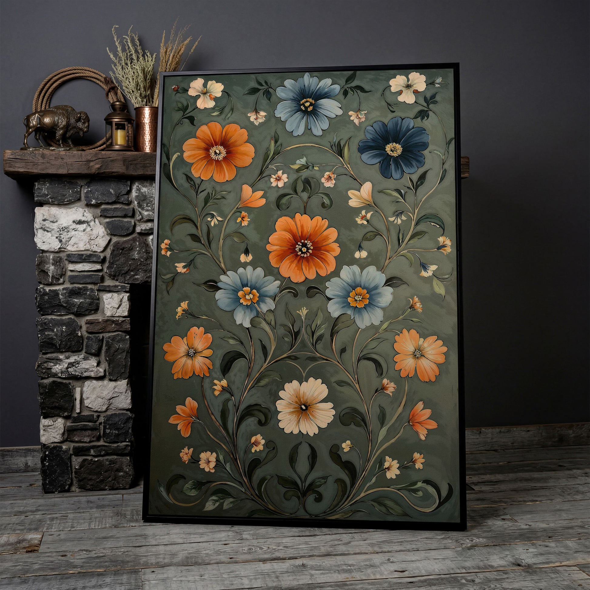 William Morris Wildflowers Canvas Print in Teal & Burnt Orange in black floating frame