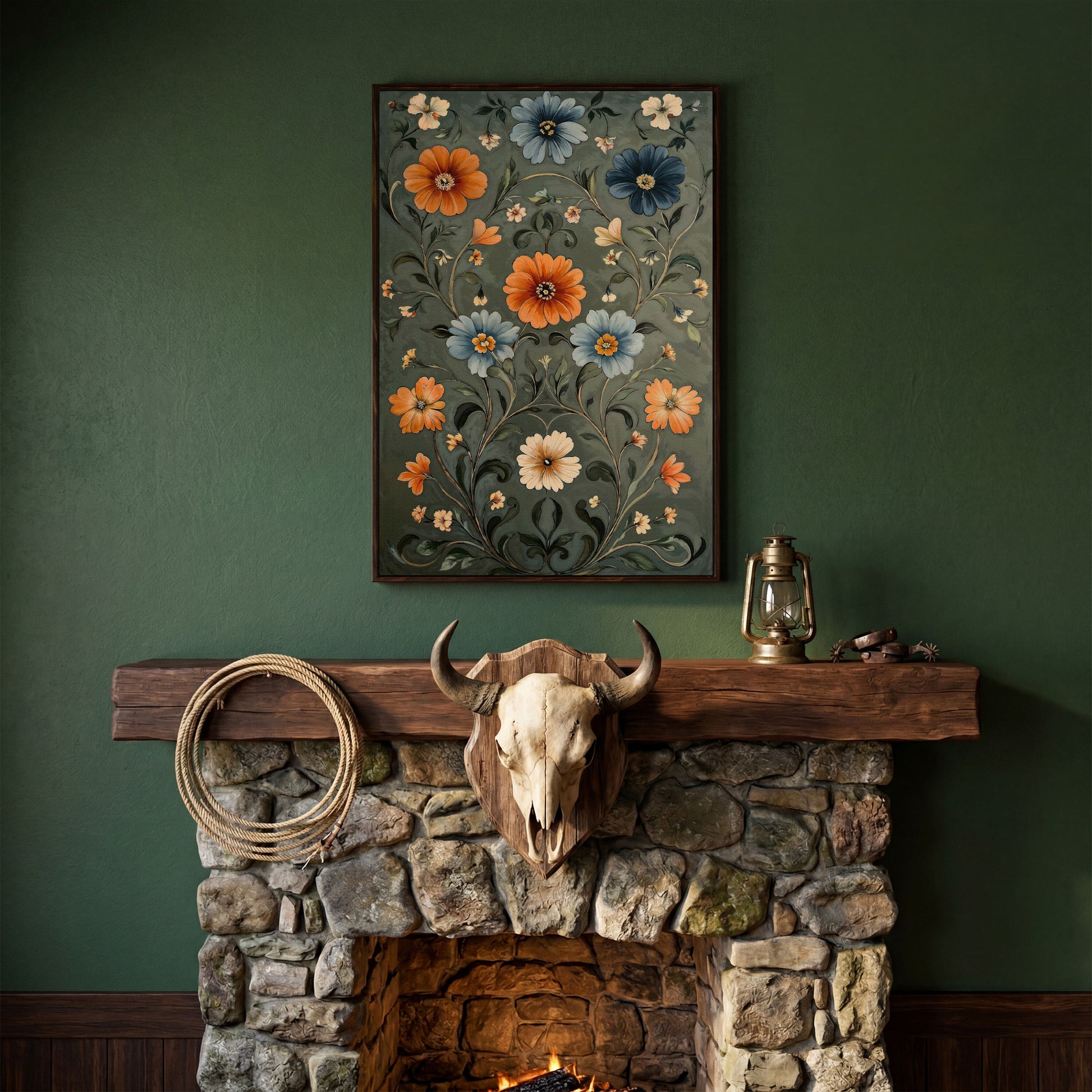 William Morris Wildflowers Canvas Print in Teal & Burnt Orange in dark walnut floating frame