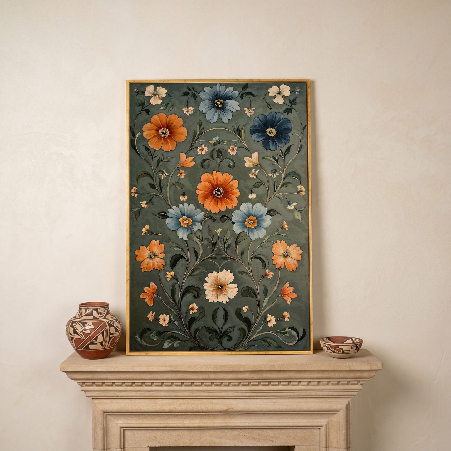 William Morris Wildflowers Canvas Print in Teal & Burnt Orange in white oak floating frame