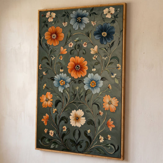William Morris Wildflowers Canvas Print in Teal & Burnt Orange shown in white oak floating frame