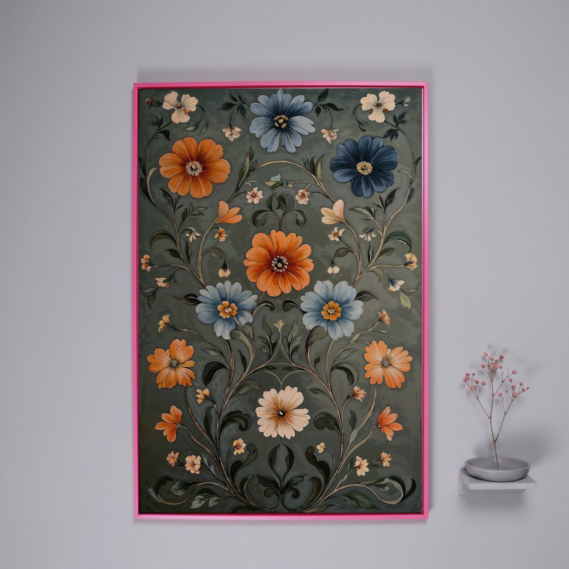 William Morris Wildflowers Canvas Print in Teal & Burnt Orange in pink floating frame