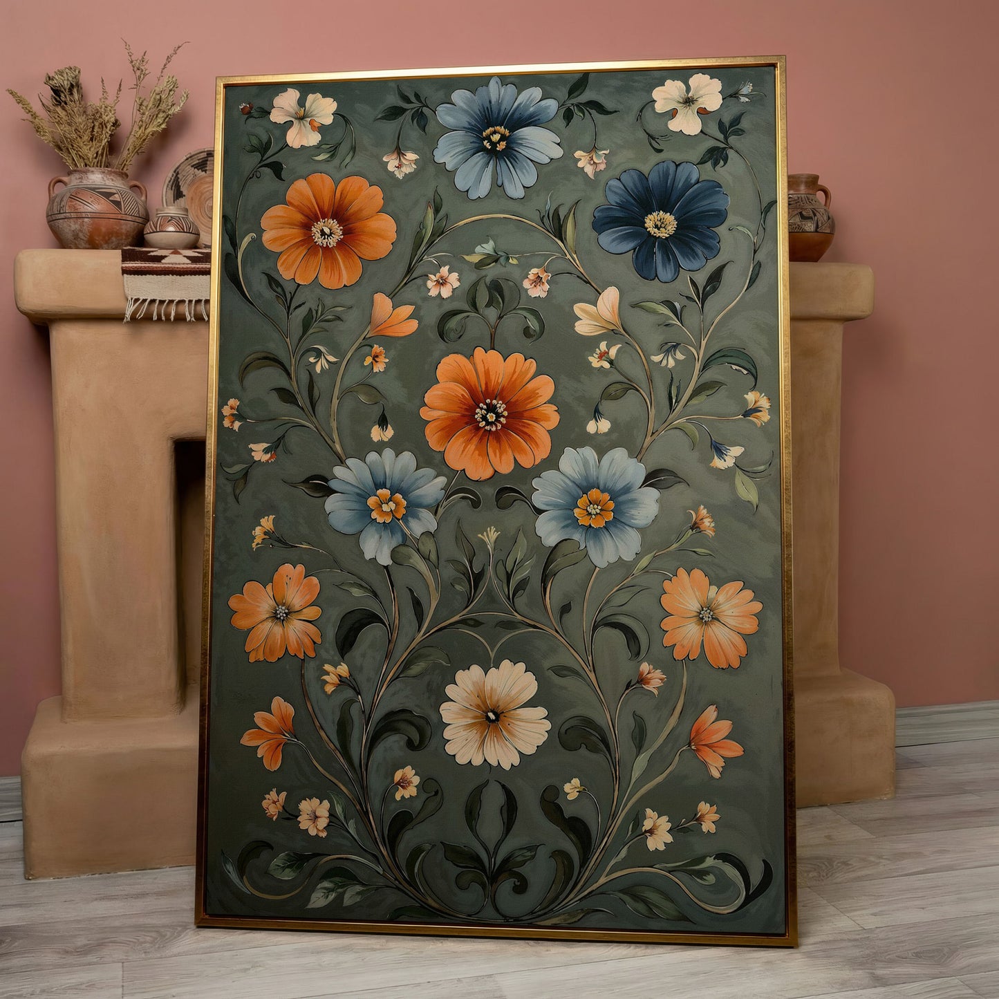 William Morris Wildflowers Canvas Print in Teal & Burnt Orange in rose gold floating frame