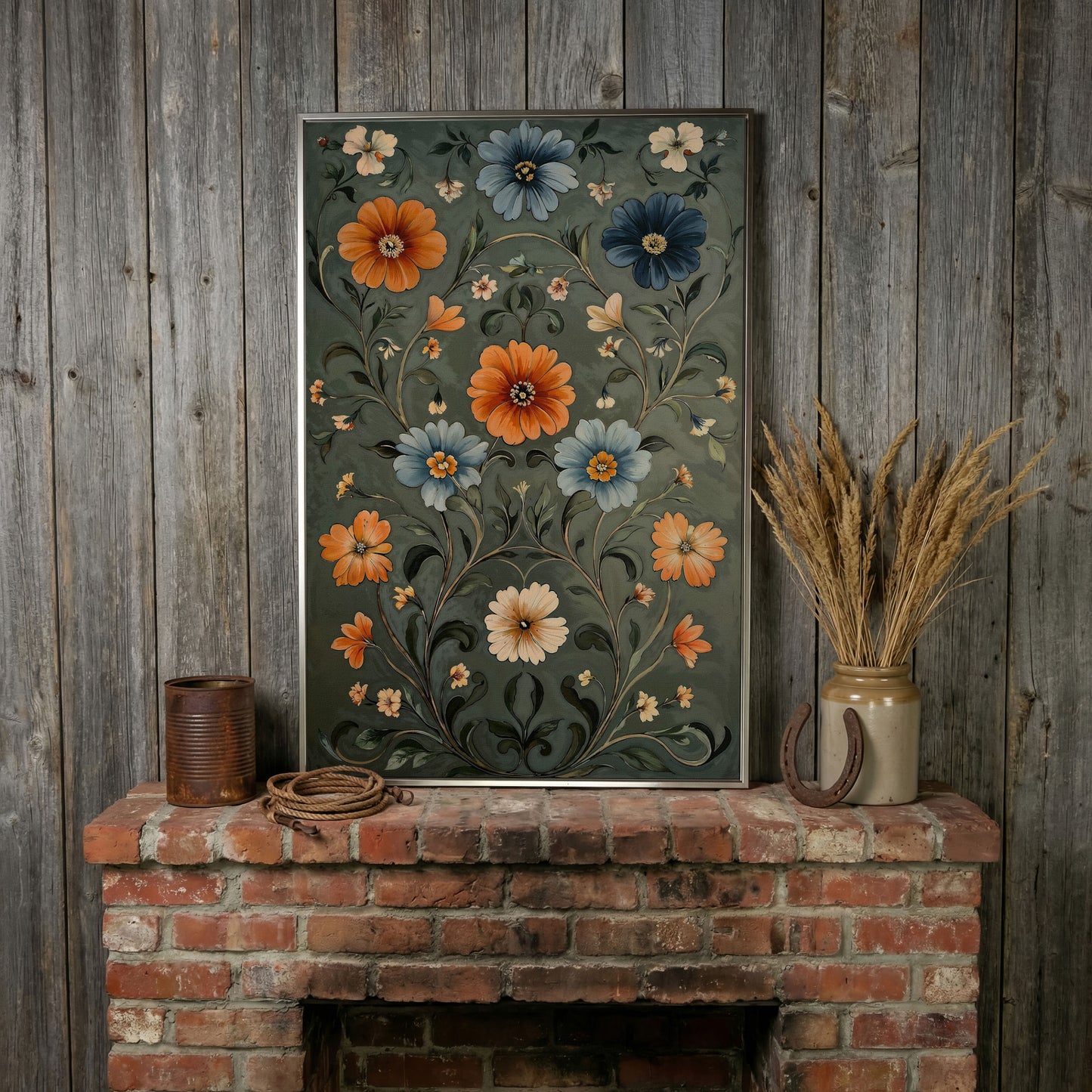 William Morris Wildflowers Canvas Print in Teal & Burnt Orange in silver floating frame
