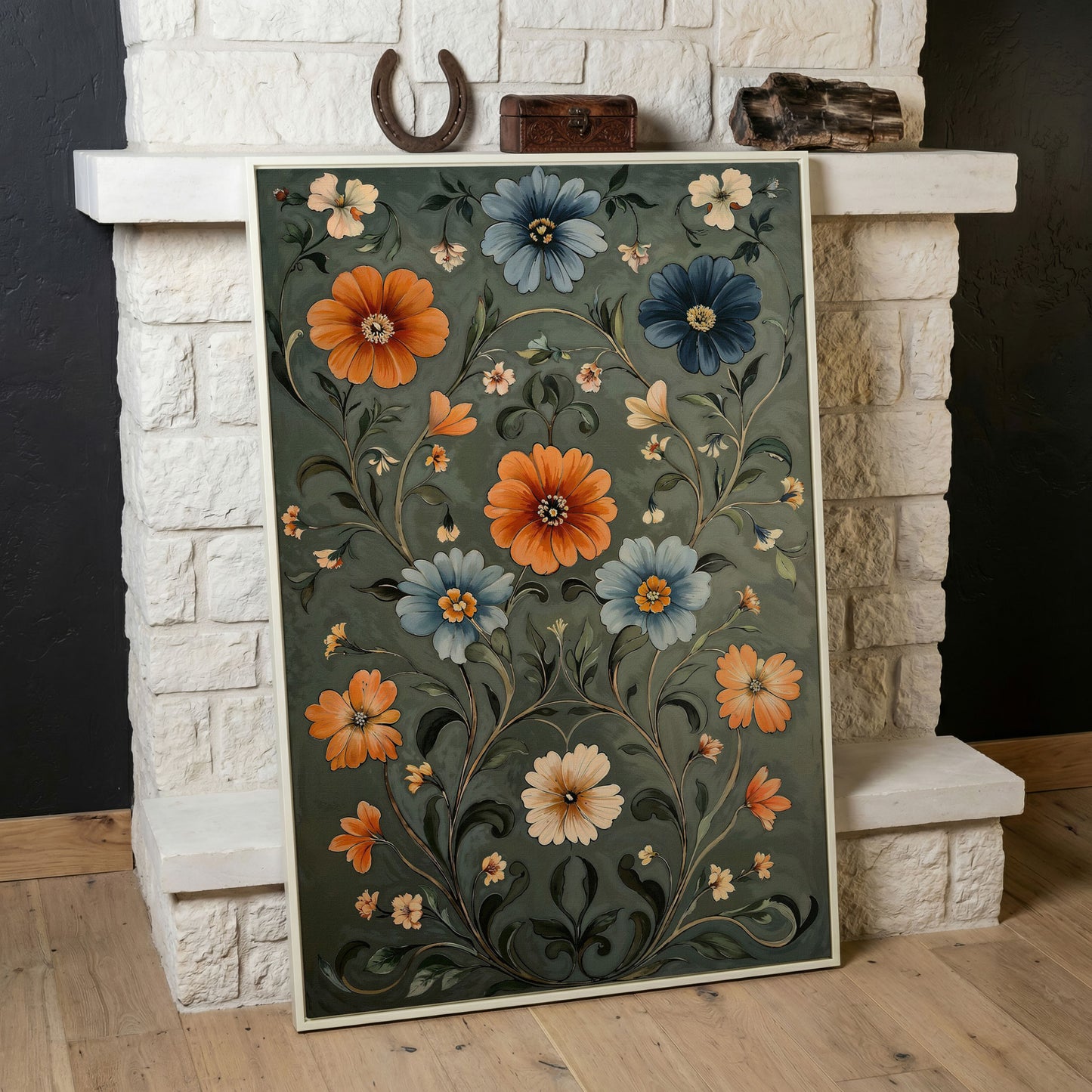 William Morris Wildflowers Canvas Print in Teal & Burnt Orange in white floating frame