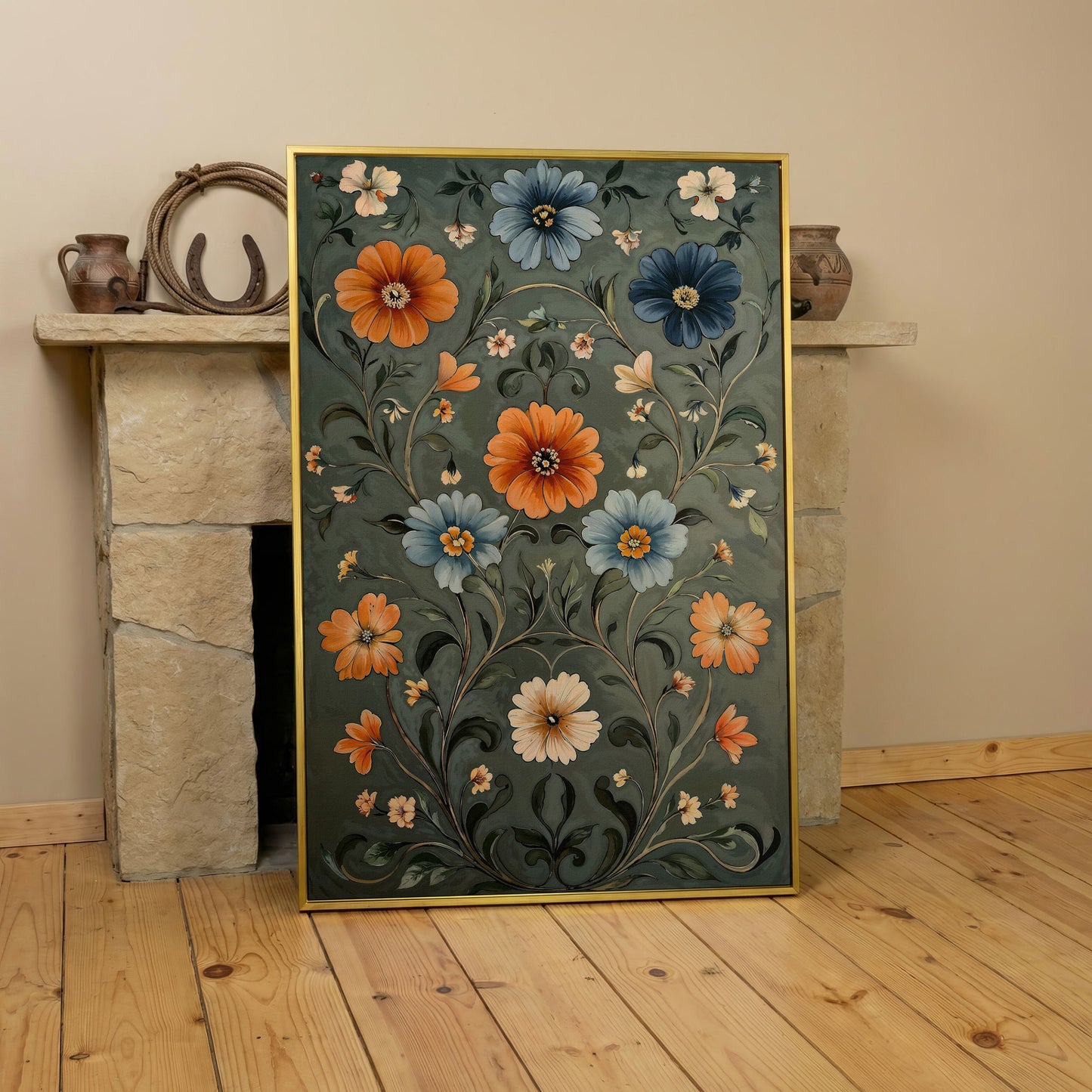 William Morris Wildflowers Canvas Print in Teal & Burnt Orange in yellow gold floating frame