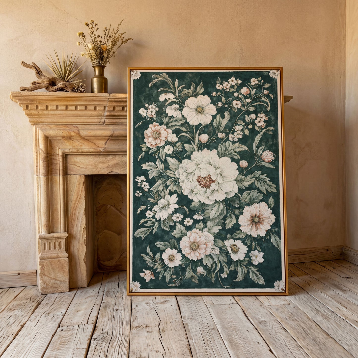 William Morris Peony Canvas Print, Forest Green & Cream in antique gold floating frame