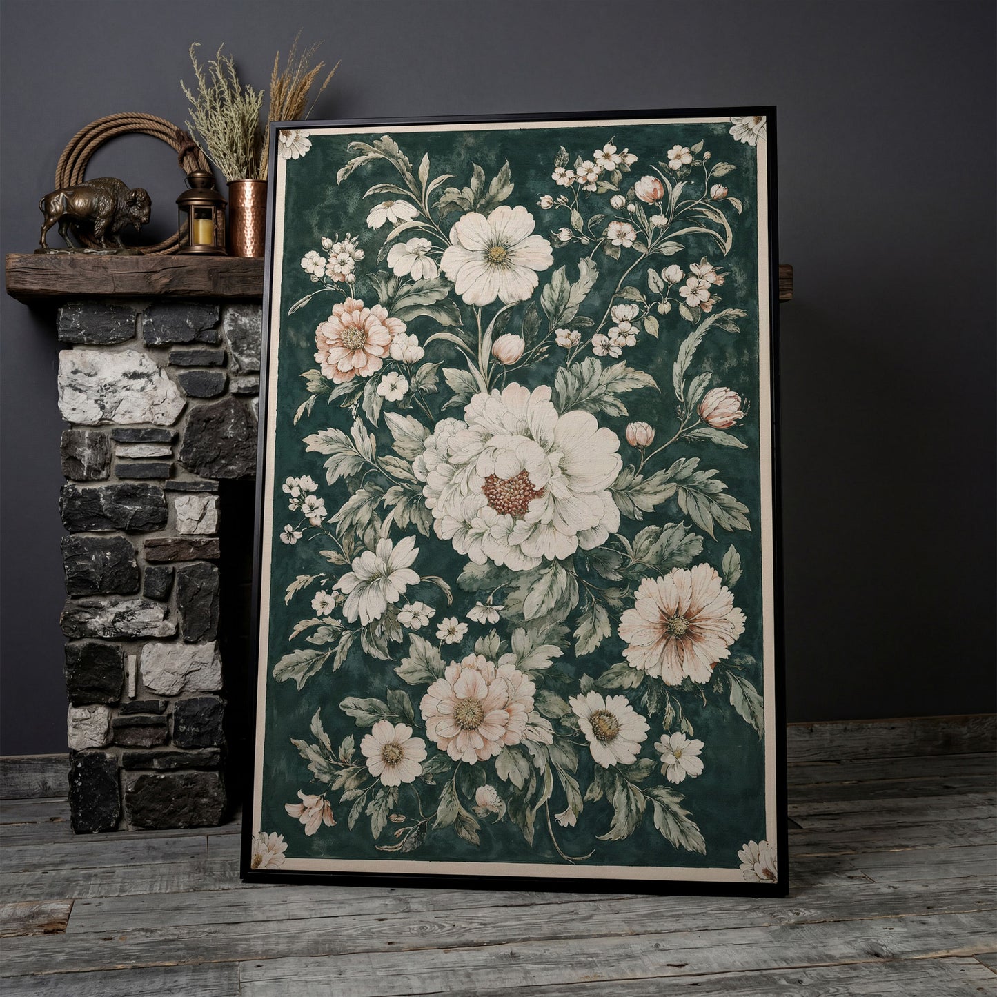 William Morris Peony Canvas Print, Forest Green & Cream in black floating frame