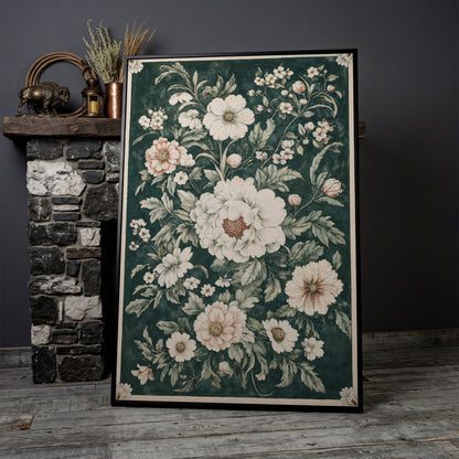 William Morris Peony Canvas Print, Forest Green & Cream in black floating frame