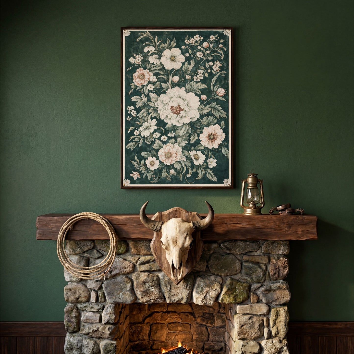 William Morris Peony Canvas Print, Forest Green & Cream in dark walnut floating frame