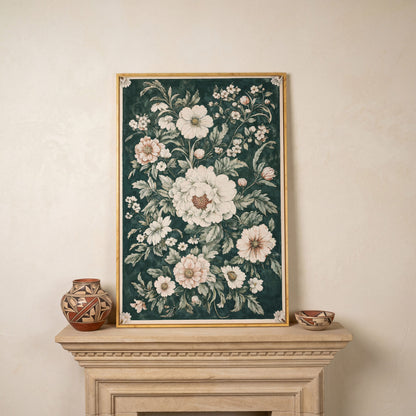 William Morris Peony Canvas Print, Forest Green & Cream in white oak floating frame