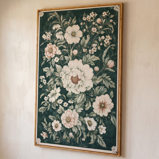 William Morris Peony Canvas Print, Forest Green & Cream shown in white oak floating frame