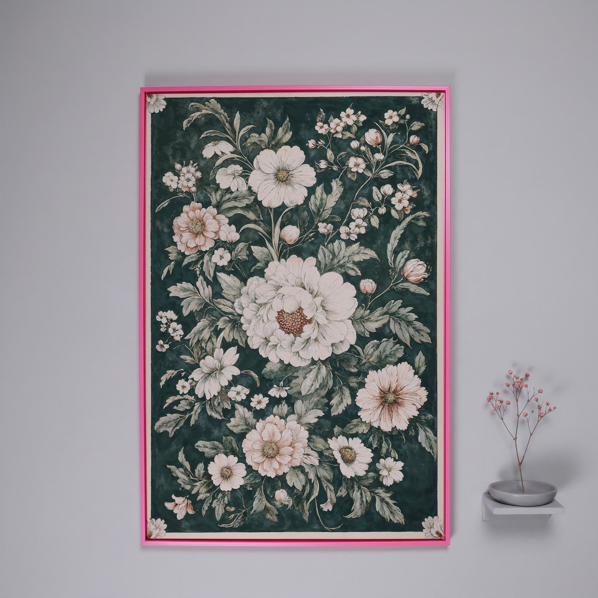 William Morris Peony Canvas Print, Forest Green & Cream in pink floating frame