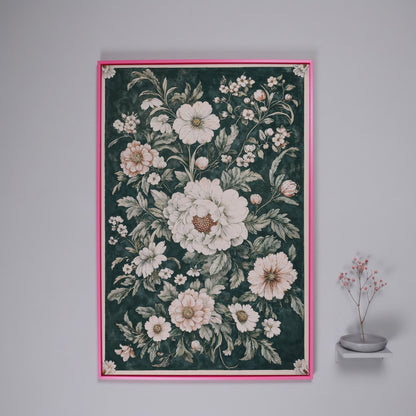 William Morris Peony Canvas Print, Forest Green & Cream in pink floating frame