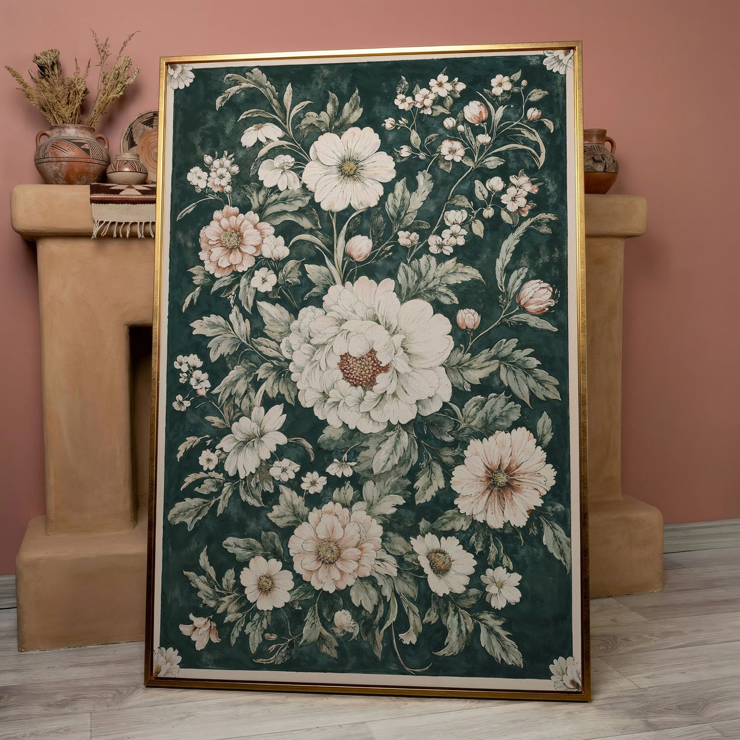 William Morris Peony Canvas Print, Forest Green & Cream in rose gold floating frame