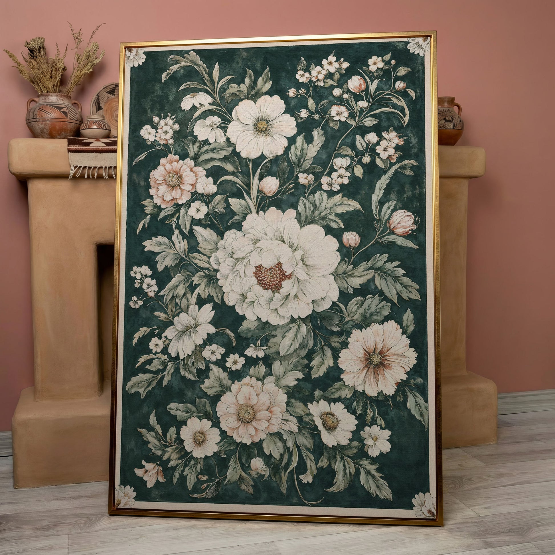 William Morris Peony Canvas Print, Forest Green & Cream in rose gold floating frame