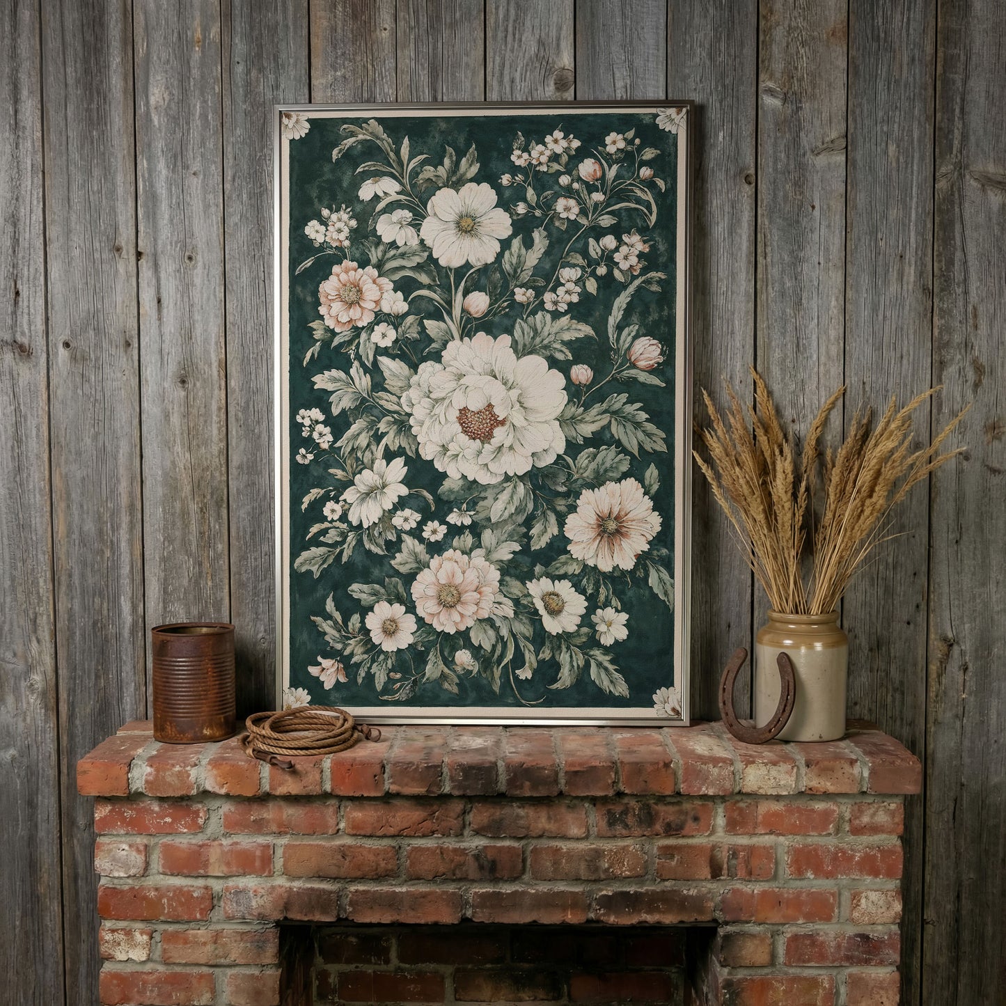 William Morris Peony Canvas Print, Forest Green & Cream in silver floating frame