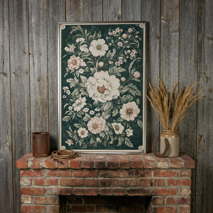 William Morris Peony Canvas Print, Forest Green & Cream in silver floating frame