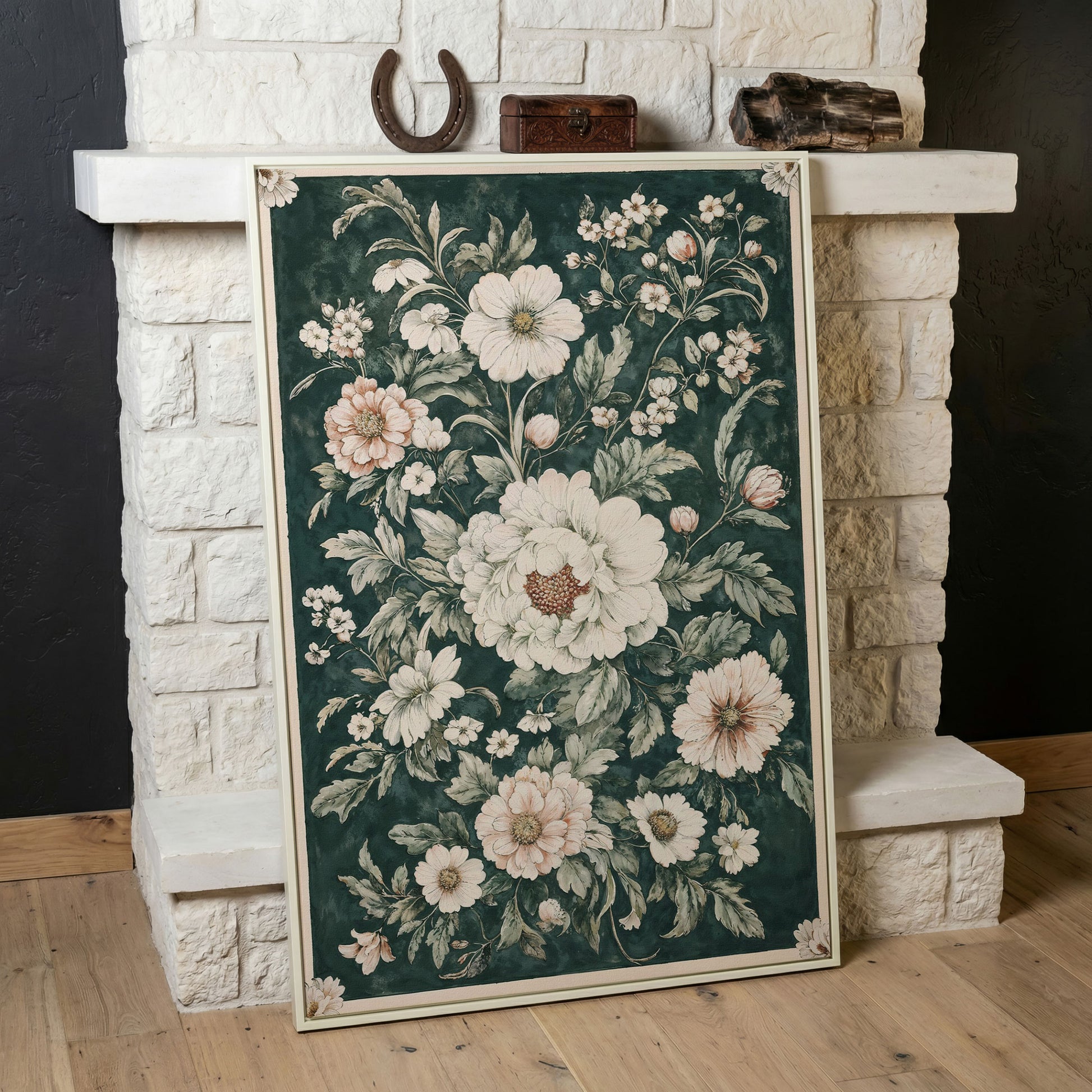 William Morris Peony Canvas Print, Forest Green & Cream in white floating frame