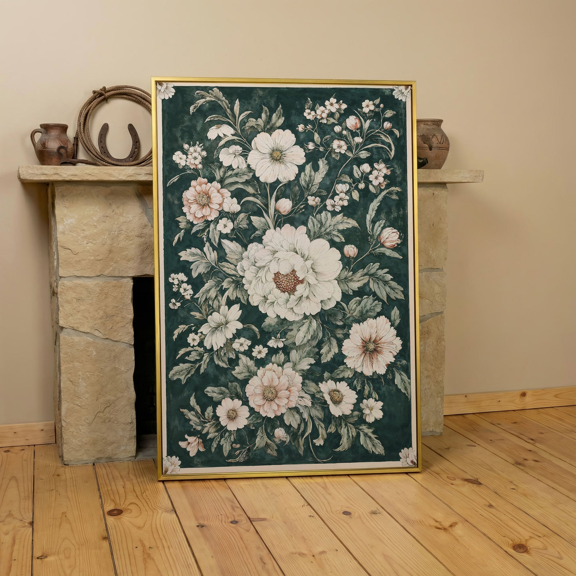 William Morris Peony Canvas Print, Forest Green & Cream in yellow gold floating frame