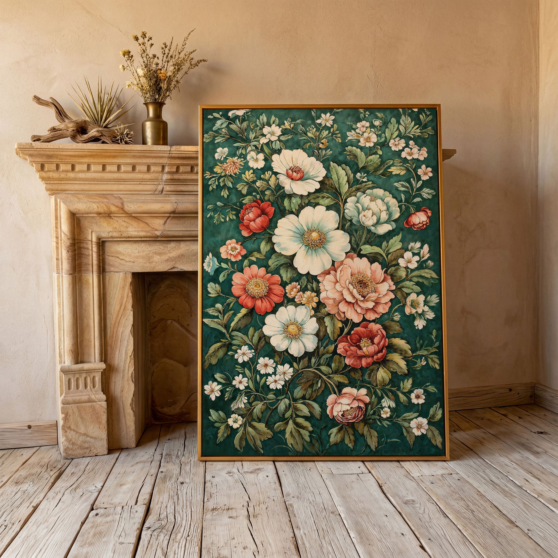 Vintage Peony Canvas with Teal & Coral Botanicals in antique gold floating frame