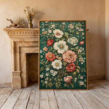 Vintage Peony Canvas with Teal & Coral Botanicals in antique gold floating frame