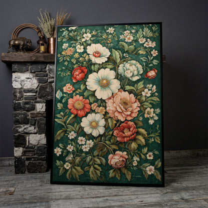 Vintage Peony Canvas with Teal & Coral Botanicals in black floating frame