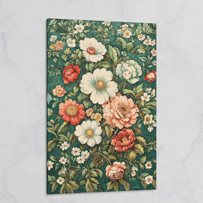 Vintage Peony Canvas with Teal & Coral Botanicals on gallery wrap