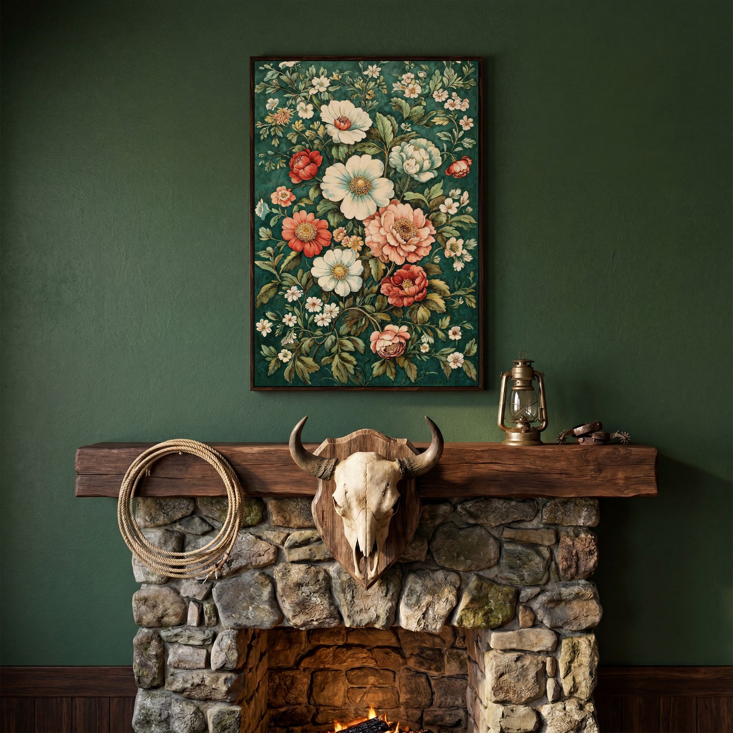 Vintage Peony Canvas with Teal & Coral Botanicals in dark walnut floating frame