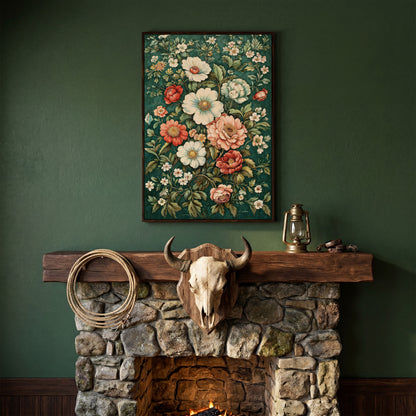 Vintage Peony Canvas with Teal & Coral Botanicals in dark walnut floating frame