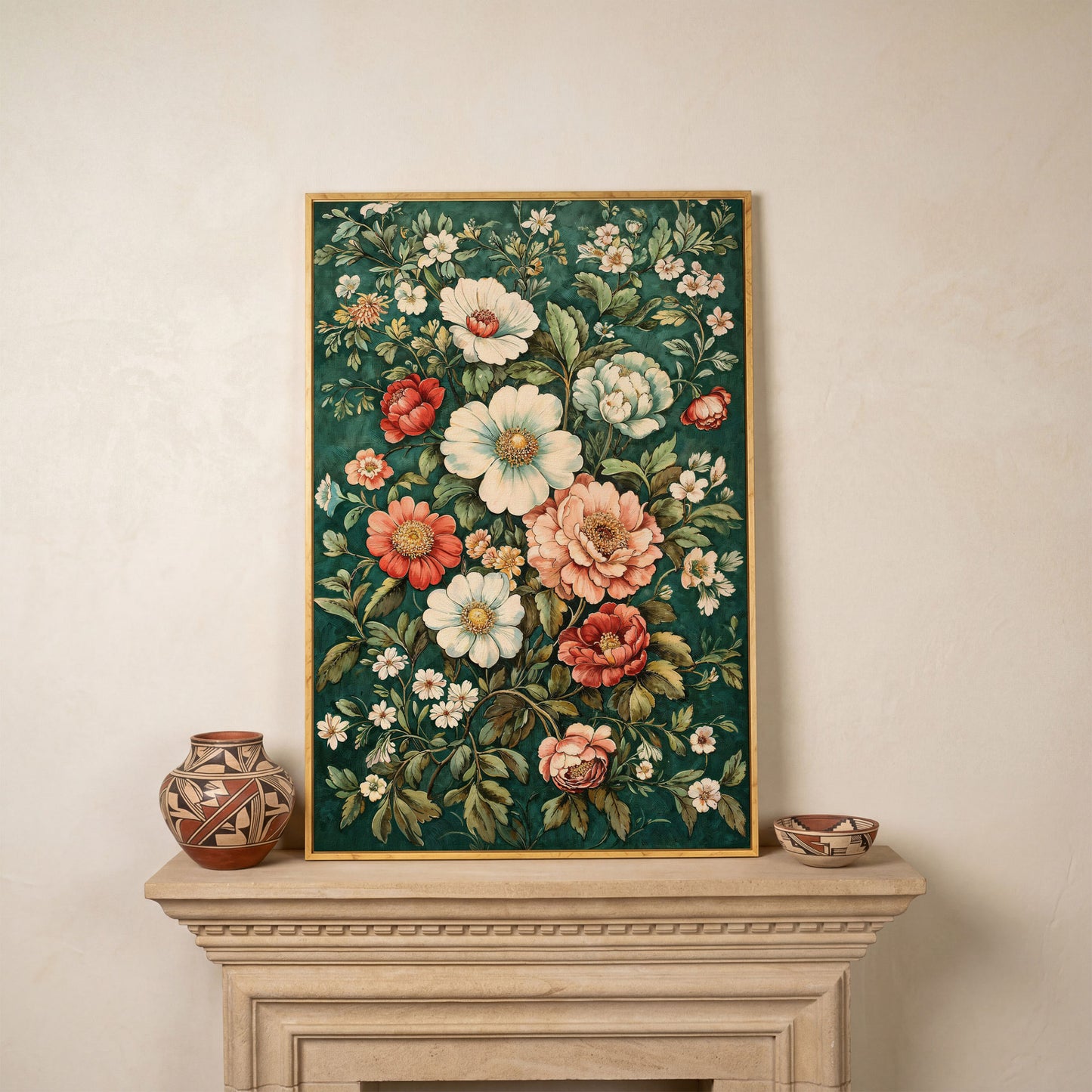 Vintage Peony Canvas with Teal & Coral Botanicals in white oak floating frame