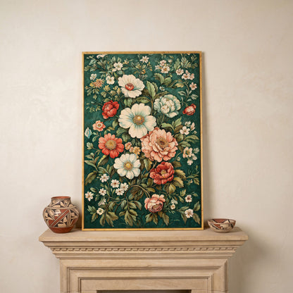 Vintage Peony Canvas with Teal & Coral Botanicals in white oak floating frame