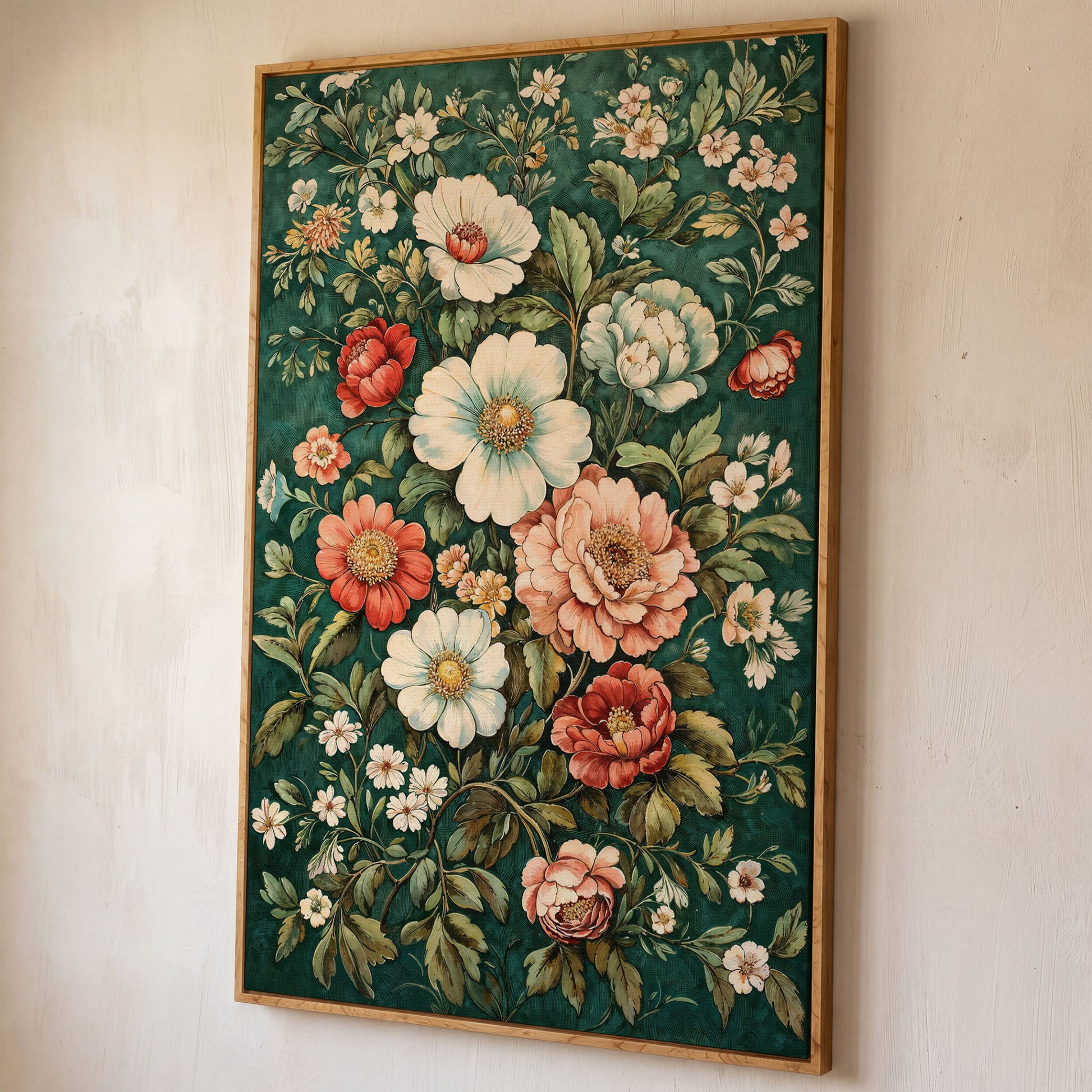 Vintage Peony Canvas with Teal & Coral Botanicals shown in white oak floating frame