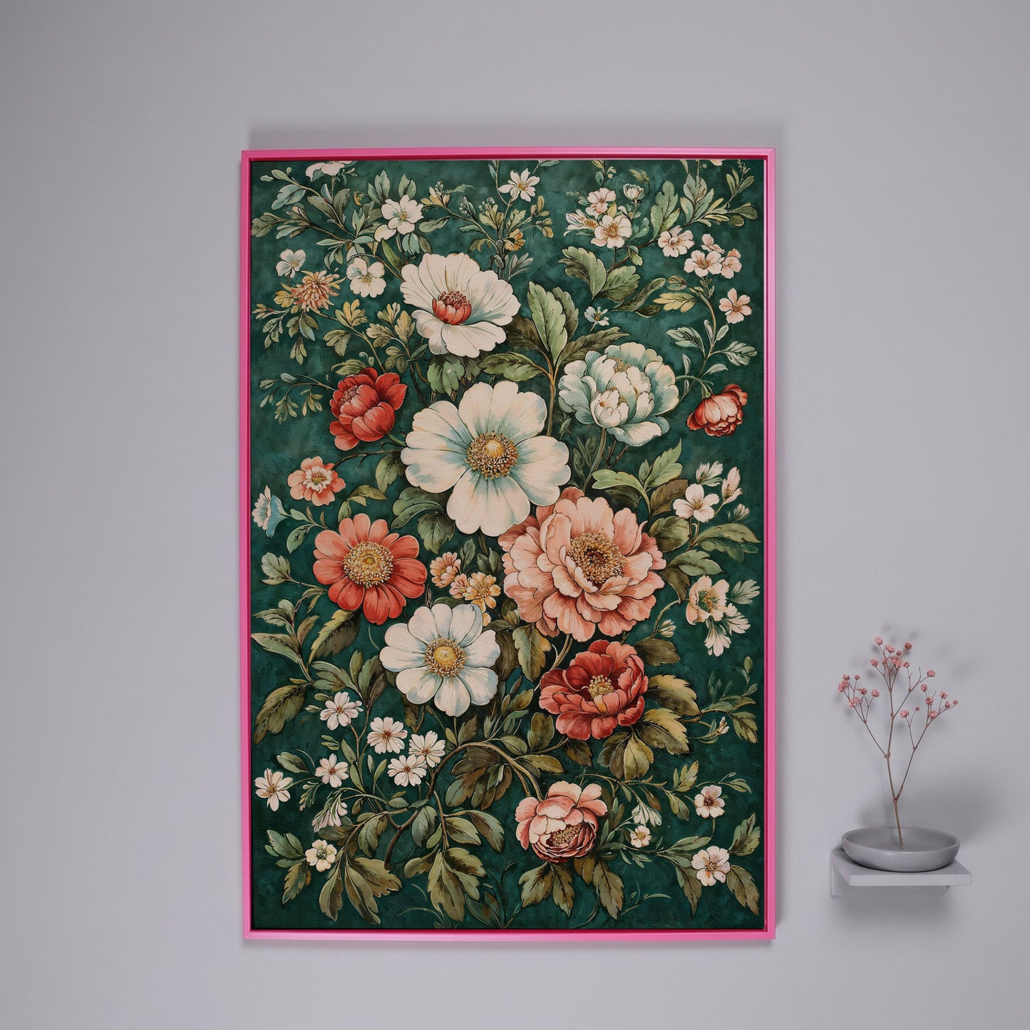 Vintage Peony Canvas with Teal & Coral Botanicals in pink floating frame