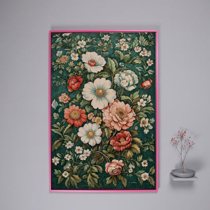 Vintage Peony Canvas with Teal & Coral Botanicals in pink floating frame
