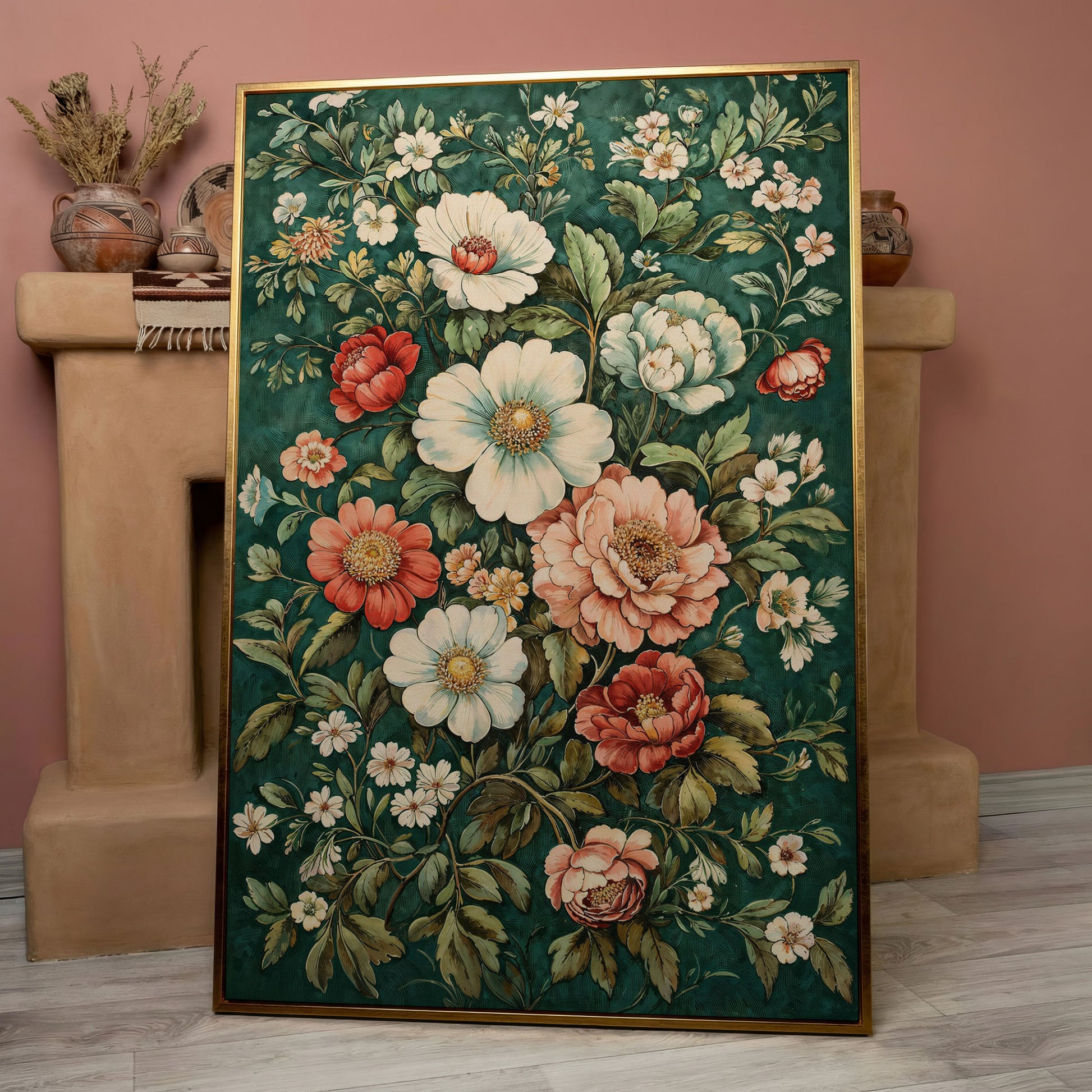 Vintage Peony Canvas with Teal & Coral Botanicals in rose gold floating frame