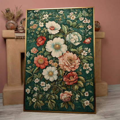 Vintage Peony Canvas with Teal & Coral Botanicals in rose gold floating frame