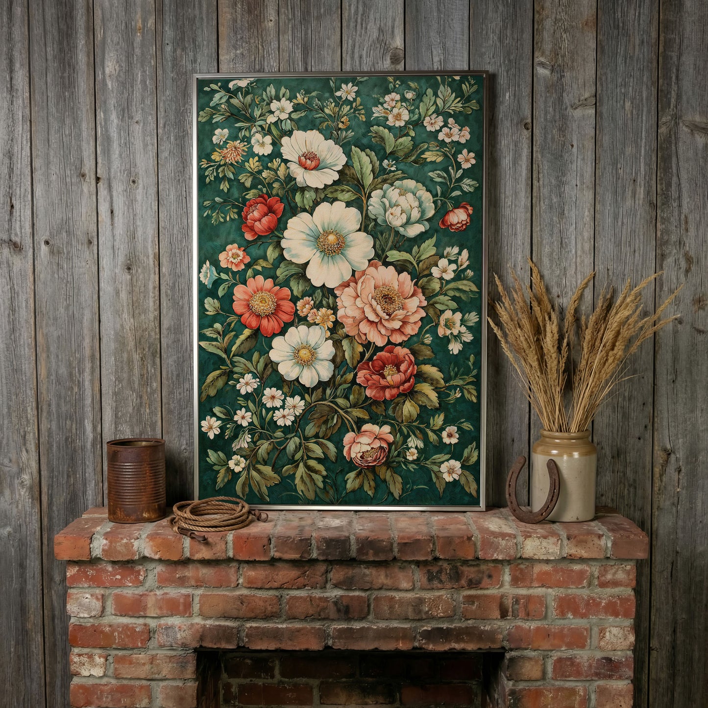 Vintage Peony Canvas with Teal & Coral Botanicals in silver floating frame