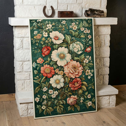 Vintage Peony Canvas with Teal & Coral Botanicals in white floating frame