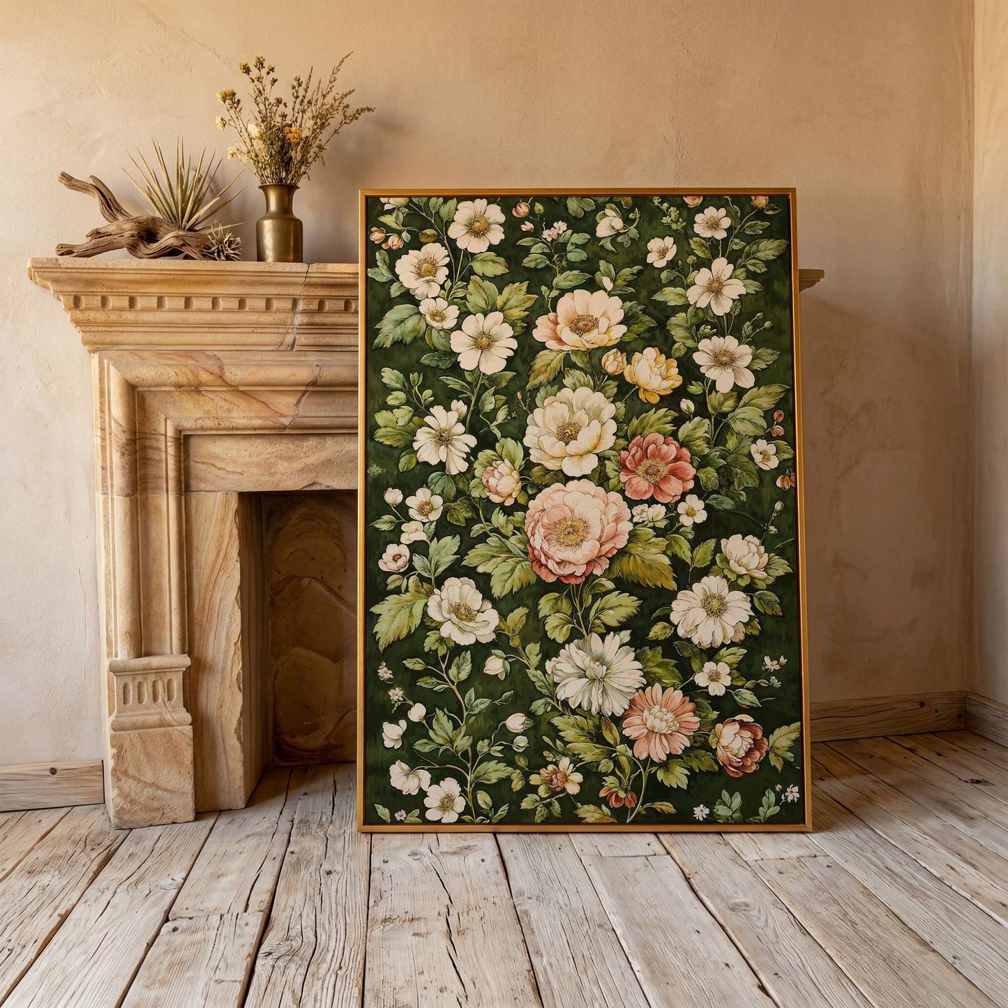 Vintage Peony Canvas Wall Art in Cream and Forest Green in antique gold floating frame