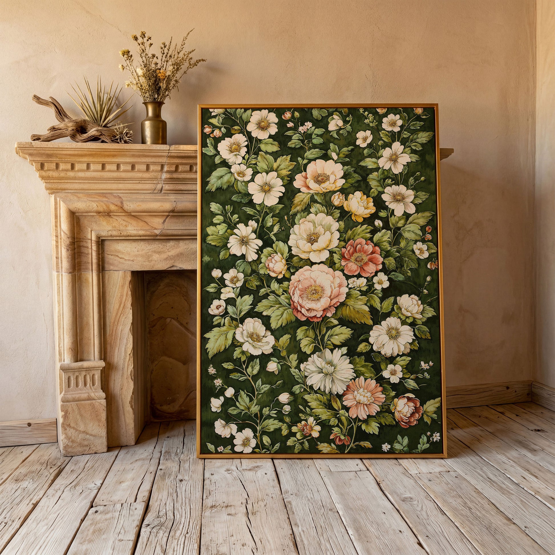 Vintage Peony Canvas Wall Art in Cream and Forest Green in antique gold floating frame