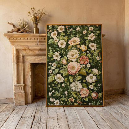 Vintage Peony Canvas Wall Art in Cream and Forest Green in antique gold floating frame
