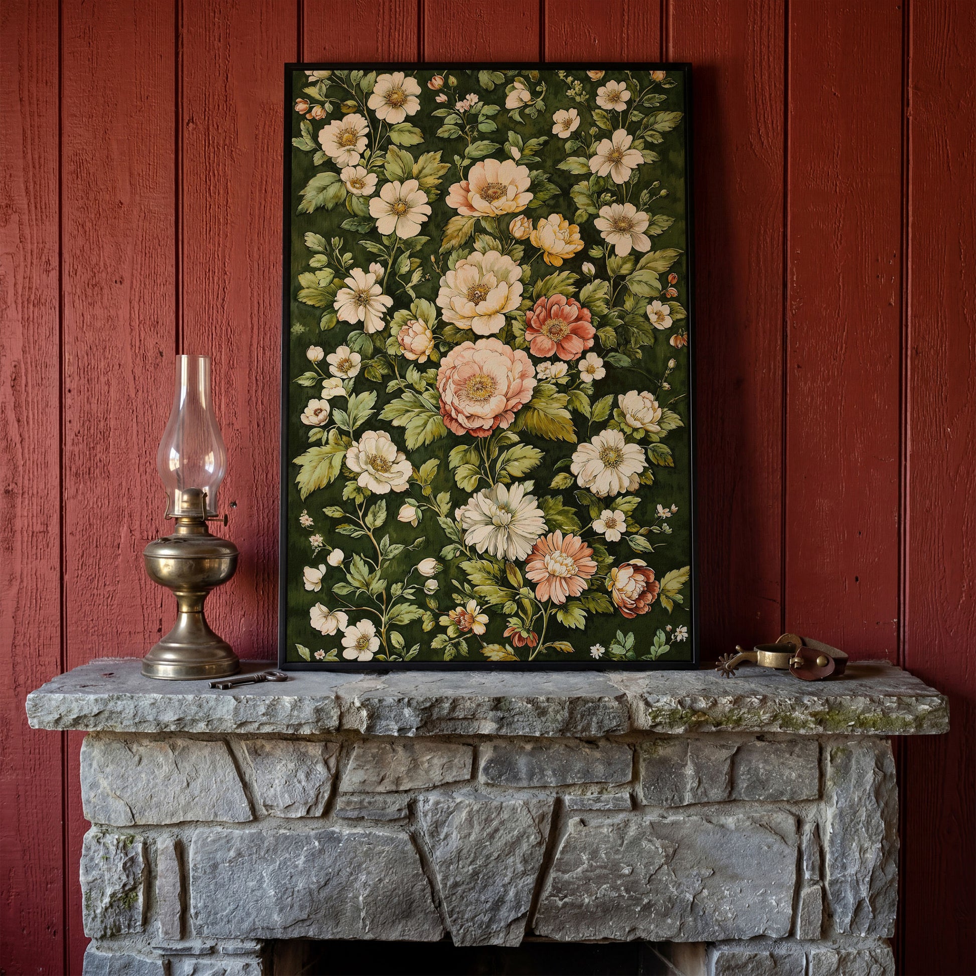 Vintage Peony Canvas Wall Art in Cream and Forest Green in black floating frame