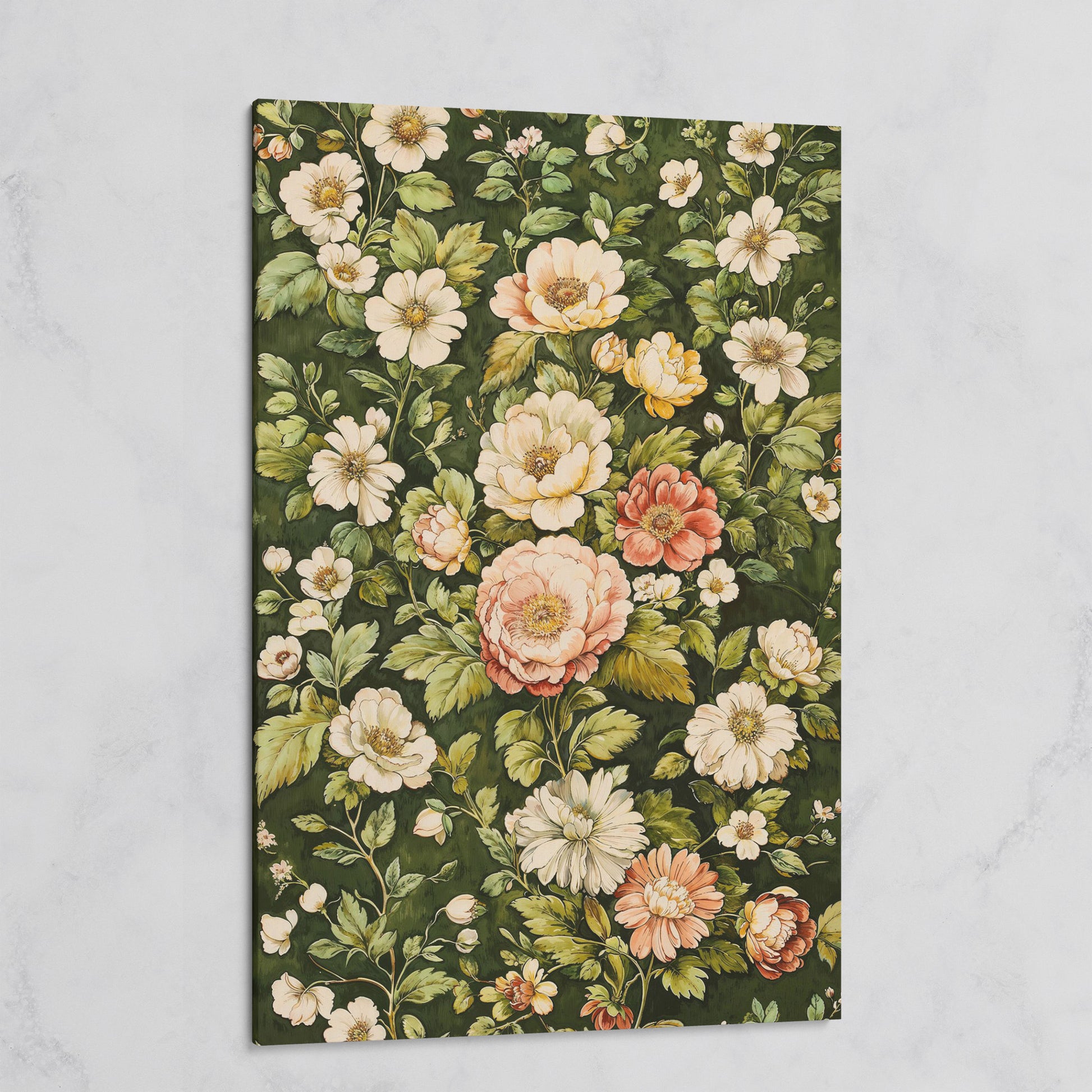 Vintage Peony Canvas Wall Art in Cream and Forest Green on gallery wrap