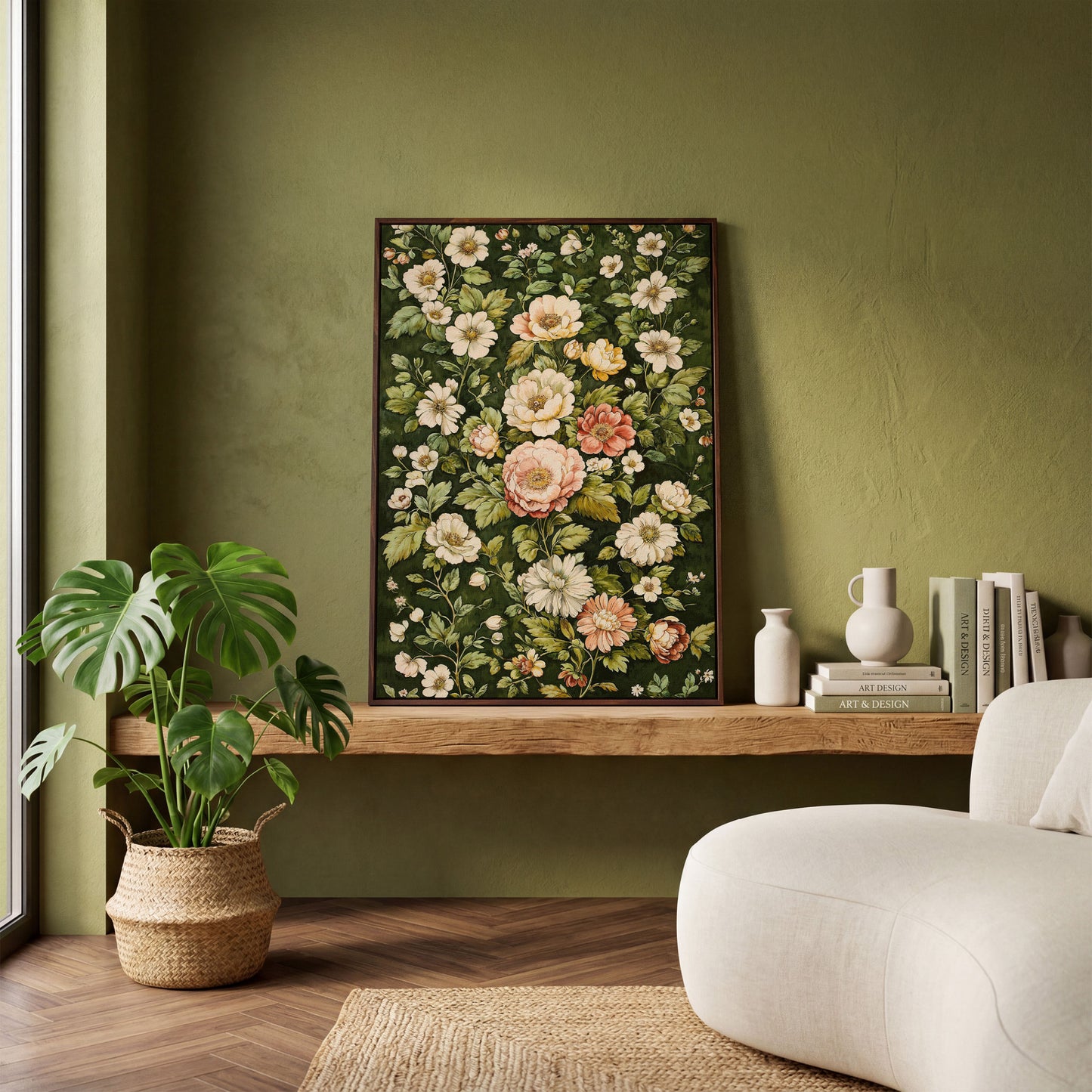 Vintage Peony Canvas Wall Art in Cream and Forest Green in dark walnut floating frame