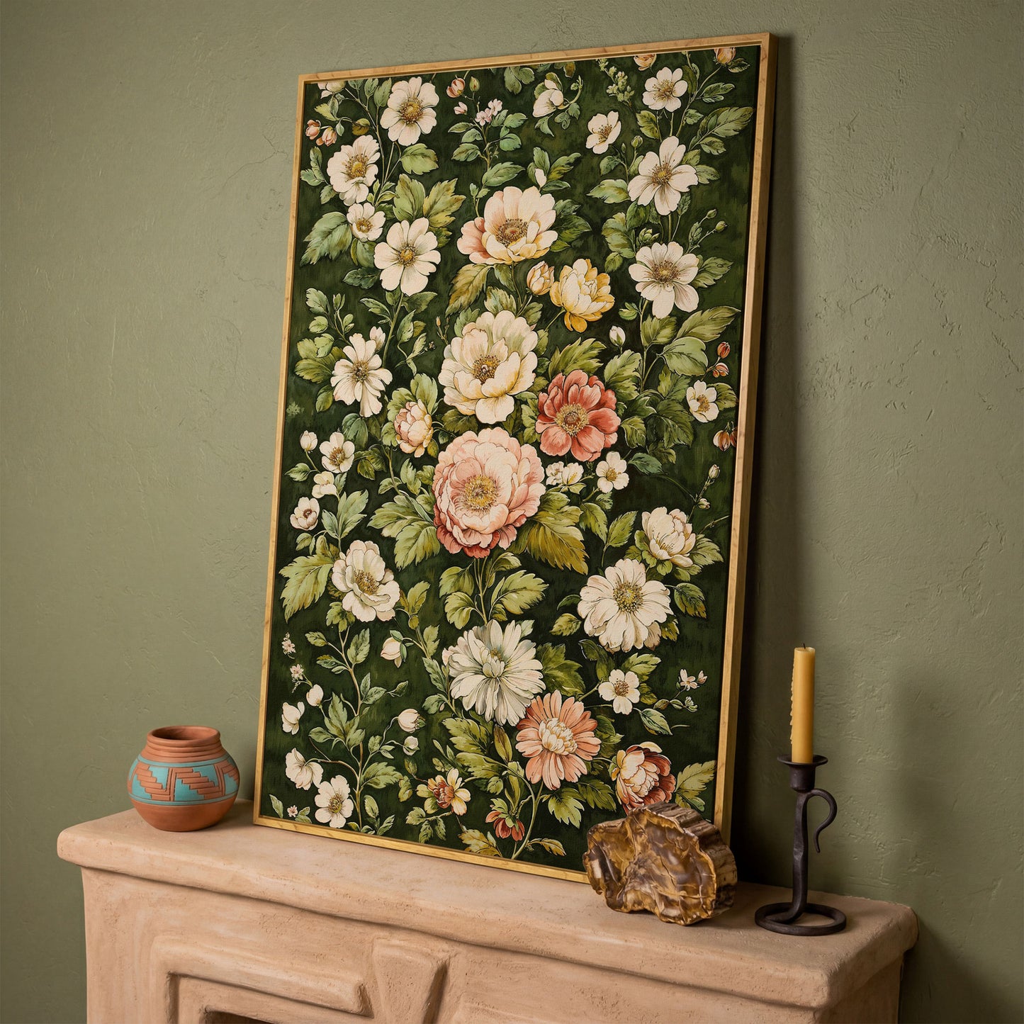 Vintage Peony Canvas Wall Art in Cream and Forest Green in white oak floating frame