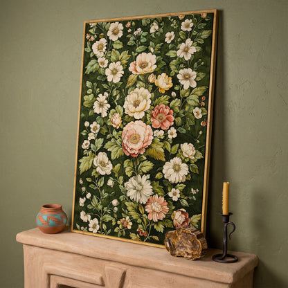 Vintage Peony Canvas Wall Art in Cream and Forest Green in white oak floating frame