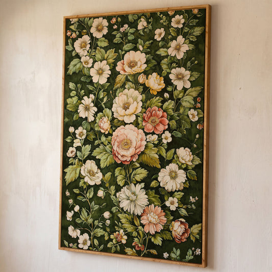 Vintage Peony Canvas Wall Art in Cream and Forest Green shown in white oak floating frame
