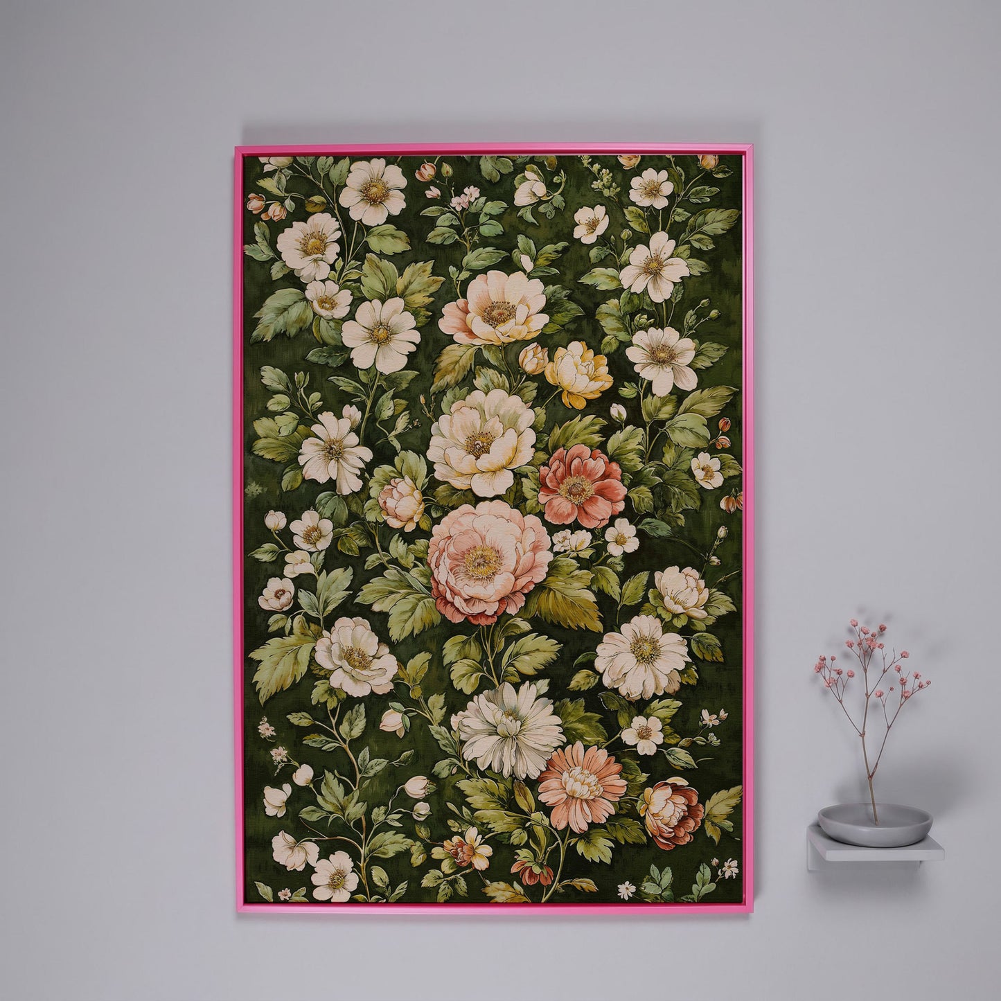 Vintage Peony Canvas Wall Art in Cream and Forest Green in pink floating frame